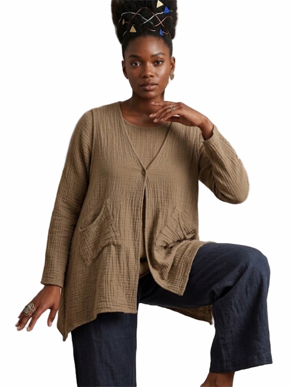 Lagenlook Gauze Cotton 2-Piece Beige Asymmetrical Top & Vest Set Sz S/M - Picture 2 of 9